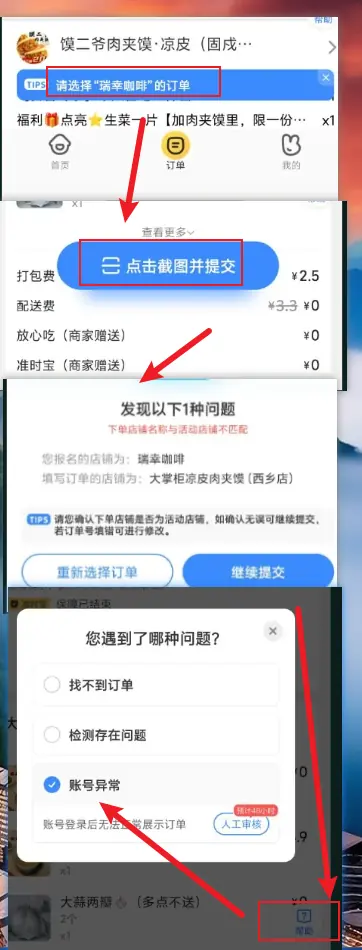 人工审核路径：任选订单 → 截图提交 → 店铺不匹配可继续 → 帮助选账号异常